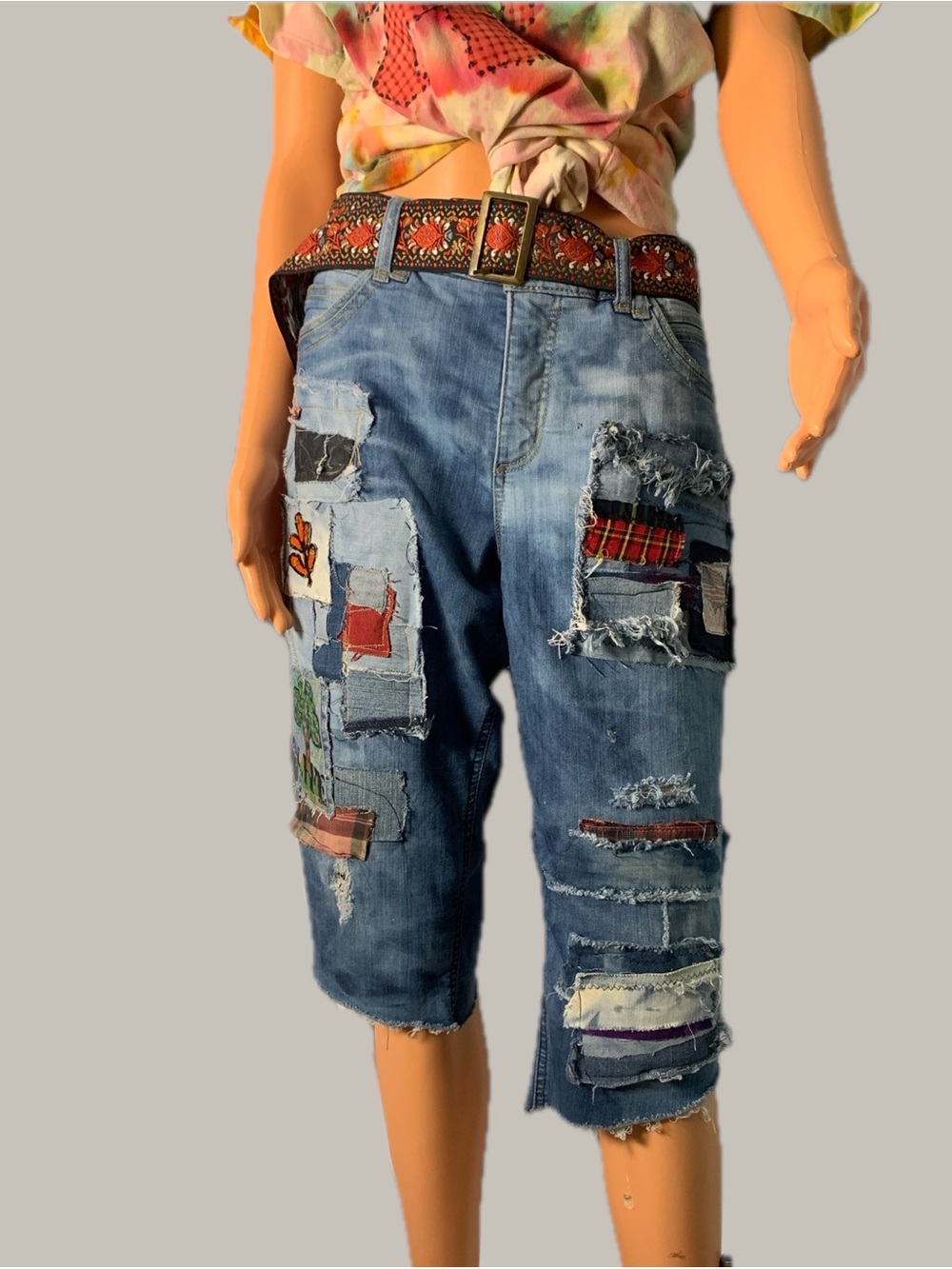 Distressed Patchwork Denim Bermudas in Blue - Casual Women's Shorts